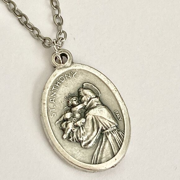Vintage Saint Anthony Francis Medal Pendant Necklace Italy 24" Stainless Chain - Picture 10 of 15